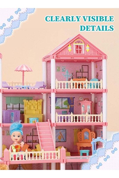 Joudiplay مجموعة بيت الدمى الضخم المكونة من 3 طوابق مع 8 غرف و3 دمى، تتضمن مط...