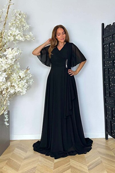 gesmoda G1887 Drape ve Taş Detaylı Şifon Abiye Elbise Siyah