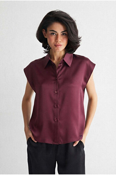 Silk and Cashmere Bordo Estrella Saf İpek Kısa Kollu Gömlek