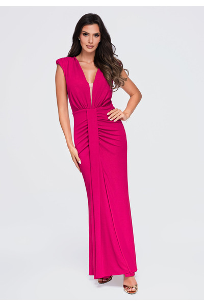 Larica Women's Evening Dress, Maxi Fit with V-Neck LA-OM-DLR412 Fuchsiová