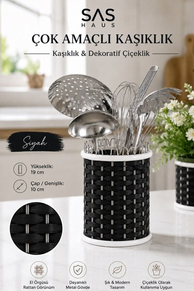 Sas Haus Wicker Look Metal Spoon Holder 19 cm – Multi-Purpose Kitchen Organiz...