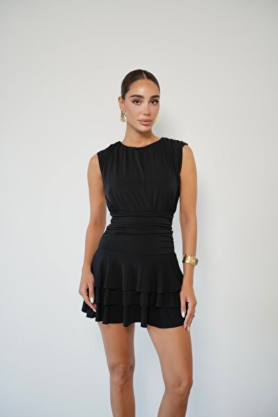 Myra Fashion Drapeli Mini Elbise Kat Kat Fırfırlı Kolsuz Yuvarlak Yaka Şık El...