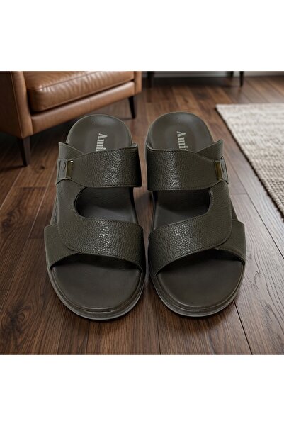 Chyfly Men's Arabic Style Pebbled Leather Sandals Double Strap with Buckle Su...