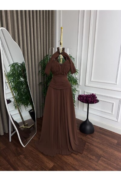 ranin Brown Chiffon Double Kloochee Cut Evening Dress Handmade Embroidery