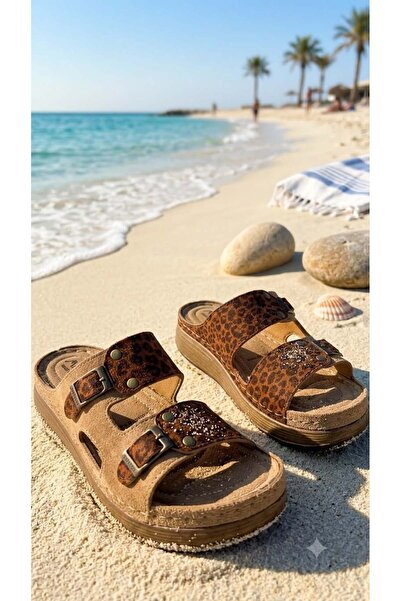 lady classy Women's Leopard Patterned Double Buckle Orthopedic Sole Daily Sli...