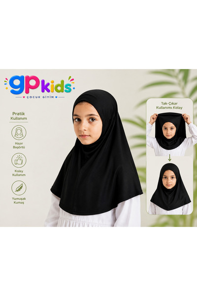 GP Kids Kız Çocuk Pratik Başörtü Penye Hazır Eşarp Mina Model siyah