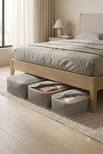 Villadia Home Textile 3'lü Antrasit Çizgili Hurç Organizer Seti Büyük-Orta-Kü...