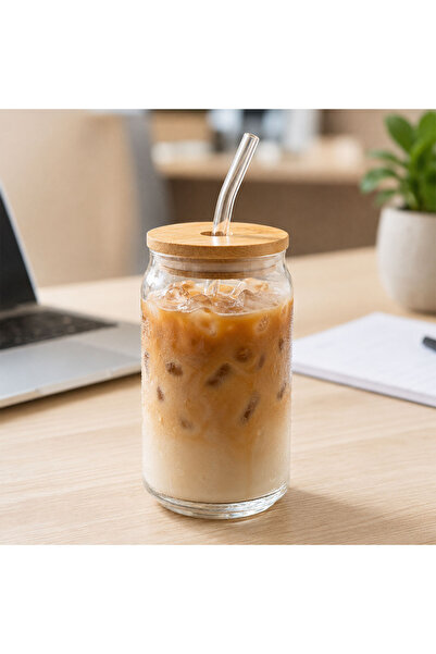 Bk Gift 540 ml Glass Cup with Bamboo Lid and Straw, Iced Coffee and Cold Drin...