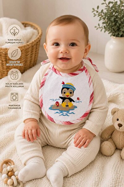 KADİM TEKSTİL Penguin Patterned 3-Piece Baby Food Bib