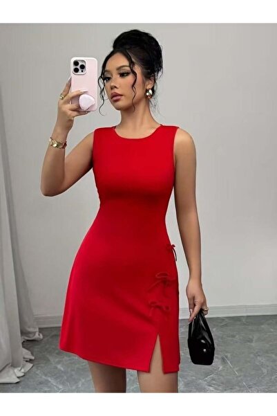 Aymood Women's Strappy Round Neck Slit Short Atlas Dress with Bow Detail