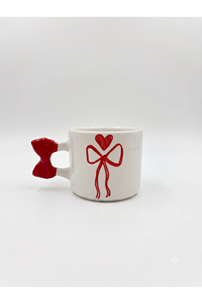 PALTO TASARIM Red Ribbon with Heart Handmade Cream Shiny Ribbon Handle Mug - ...