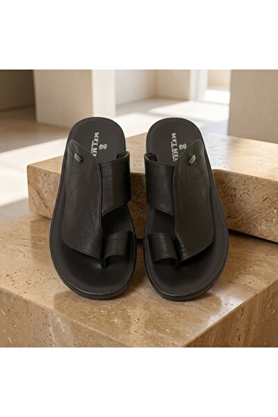 Lucky Steps Men's Toe Loop Lychee PU Leather Sandals Soft Sole Slippers Cushi...