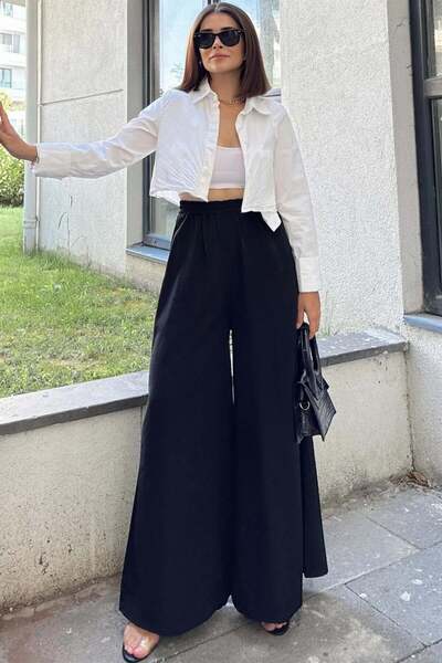 Moda4x4 Women's Clothing Black Elastic Waist, Pockets, Spanish / Wide Leg Spe...