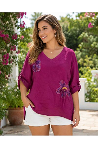 Butik Şans Women's Sequin Floral Detailed V-Neck Oversize Italian Linen Blouse