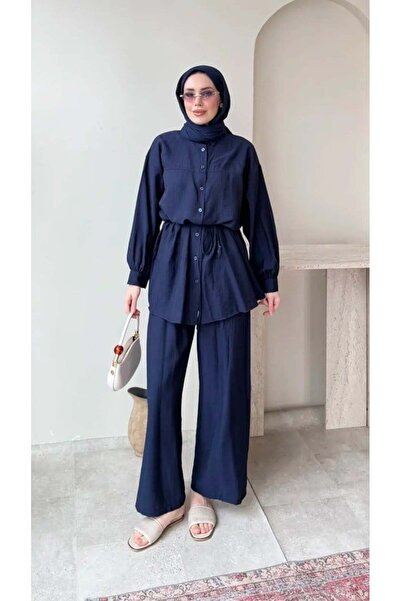 Miraydın Butik طقم بنطلون وتونيك نسائي بحزام خصر M6034 - أزرق داكن