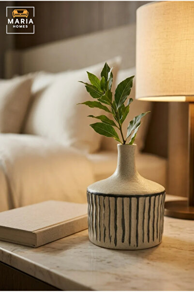 MARIA HOMES Cream and Black Striped Decorative Vase, Modern Ceramic Flower Ho...