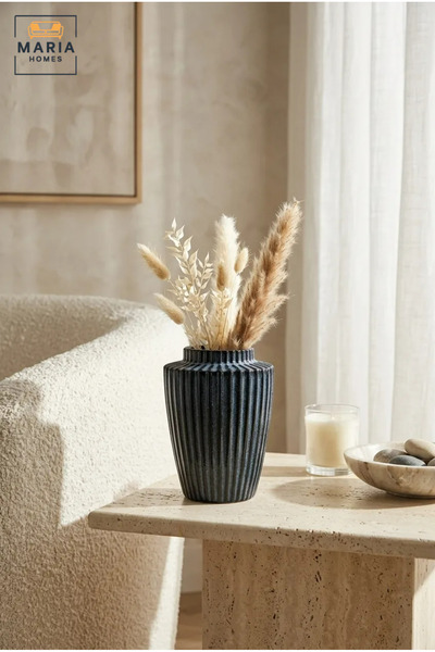 MARIA HOMES Blue Ribbed Decorative Vase, Modern Tapered Flower Holder with Wi...