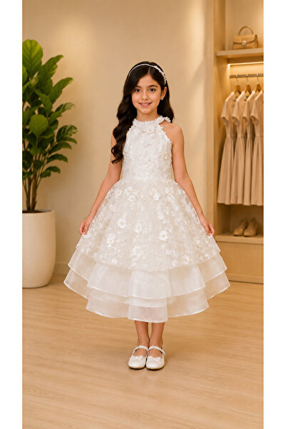 Al Farasha Girls White 3D Floral Princess Party Dress for Wedding, Birthday &...