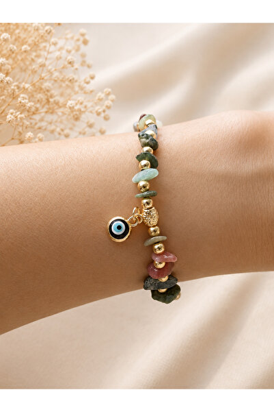 Azrua Natural Stone Pebble Stone Dark Green Toned Cracked Stone Beaded Gold C...