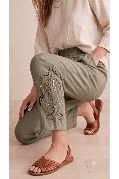 shE tekstil Embroidered Leg Trousers Khaki