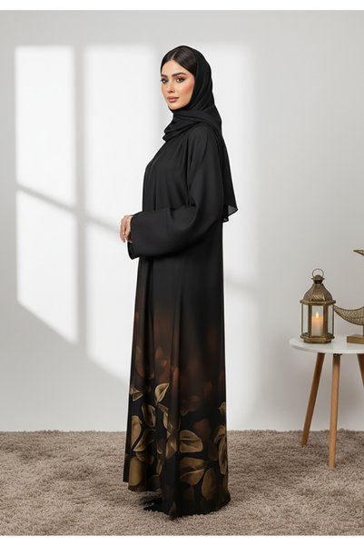 Nukhbaa Elegant Black and Gold Floral Print Abaya-852