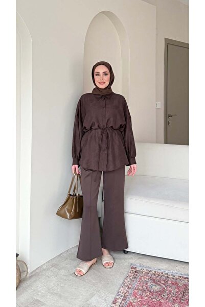 Miraydın Butik قميص نسائي برباط خصر للحجاب M1980 - بني