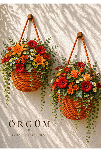 ÖRGÜM Decorative Basket 2-Piece Mini Flower Pot Organizer Flowers and Wooden ...