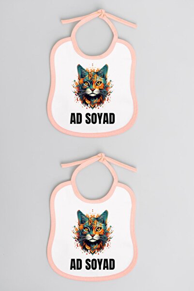 lili hediyelik Flame Cat Printed 2-Piece Linen Pink Baby Feeding Bib - Baby F...