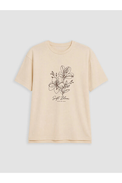 LC Waikiki Beige Plus Size Printed 100% Cotton Women's T-Shirt