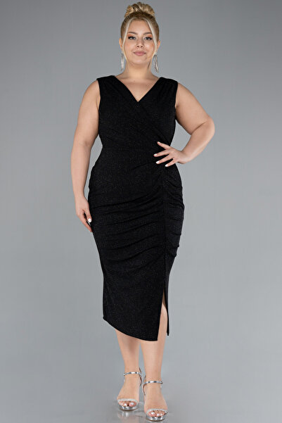Efelif Double Breasted Collar Sleeveless Midi Silvery Plus Size Evening Dress...
