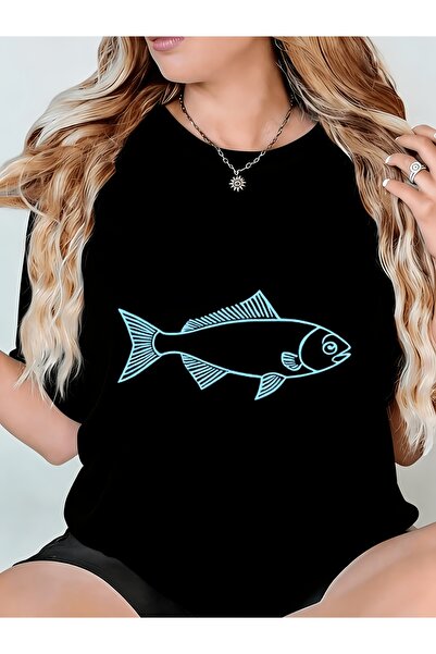 01THEONE Women'S T-Shirt Featuring a Fish Outline Design, Comfortable Crew Ne...