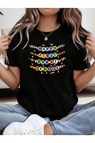 Ekim11 HAPPY FIRST DAY OF Letter Print T-shirt | Short Sleeve Crew Neck Top S...