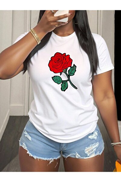 Astogria13 Casual Women'S T-Shirt with Round Neck Featuring Red Rose Design, ...