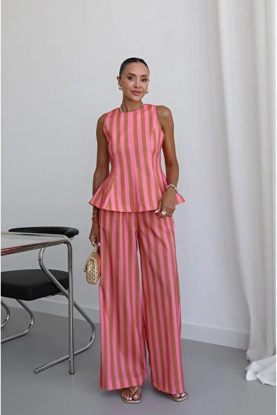 My Blog Pink-Camel Striped Blouse and Pants Set - 30460