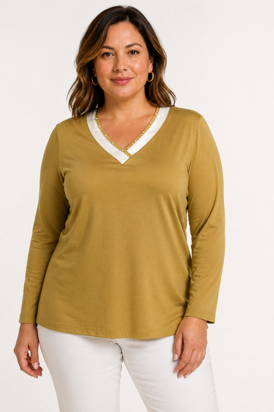 bihan store Women's V-Neck Ribbed Long Sleeve Combed Cotton Blouse Y26-650-Sa...