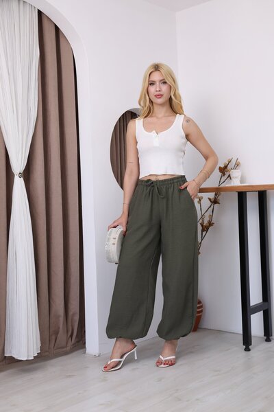 sahraozluk Elastic Waist Linen Shalwar Trousers Khaki