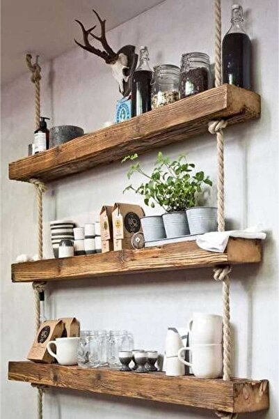 Dekoriye Retro Kalın Ahşap Duvar Rafı Rustic Raf