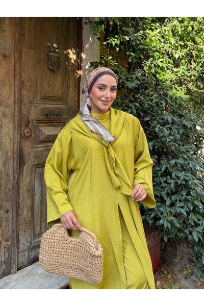 REMA BUTİK Women's Strawberry Fabric Oversize Cut Shawl Abaya Pants 3-Piece Set