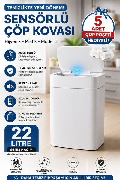 Funny Life 22 Lt Sensörlü Slim Çöp Kovası 5 Adet Çöp Torbası Hediyeli Otomati...