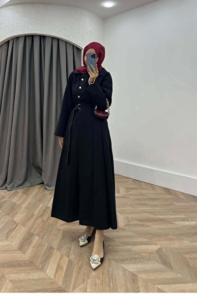 Gold Düğmeli Retro Yaka Etekli takım Siyah