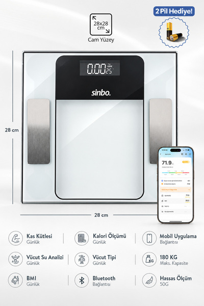 Sinbo SBS 4476 Bluetooth Akıllı Dijital Baskül, Vücut Analizli, 180 kg Kapasi...