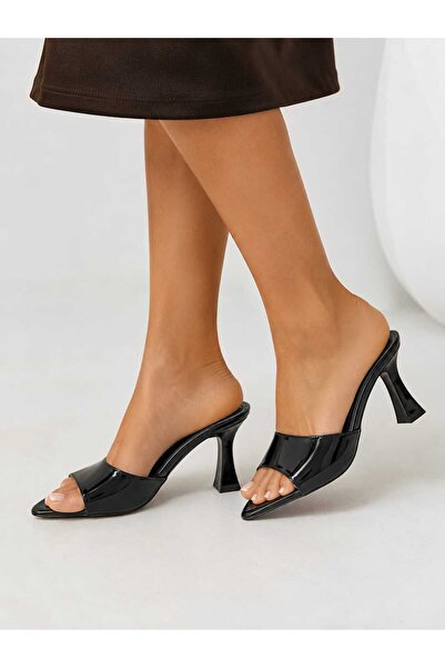 Emax Women's Patent Leather Thin Heeled Slippers, Casual and Stylish, Open Toe