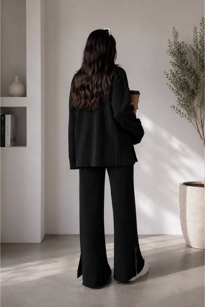 STF MODA Women's Ribbed Collar and Side Zipper Cuffs Knitwear Set