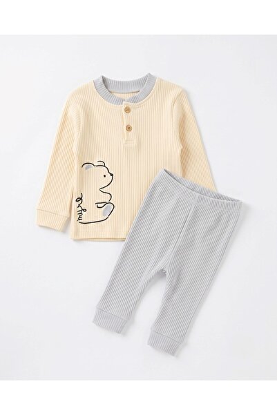 VOY KİDS 100% Cotton 0-3-6-9-12 Months Baby Boy Teddy Bear Embroidered Thin S...