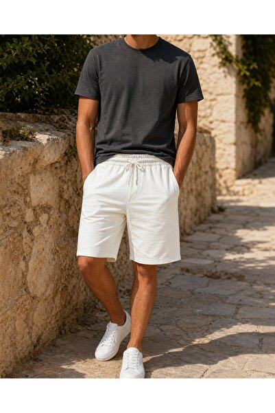 Fasıla Giyim Men's White 2-Thread Bermuda Shorts – Cotton Elastic Waist Tie-U...