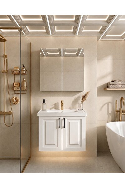 Demezler Home Modern 65 cm Beyaz Lake Hilton Banyo Dolabı Takımı Aynalı Seram...