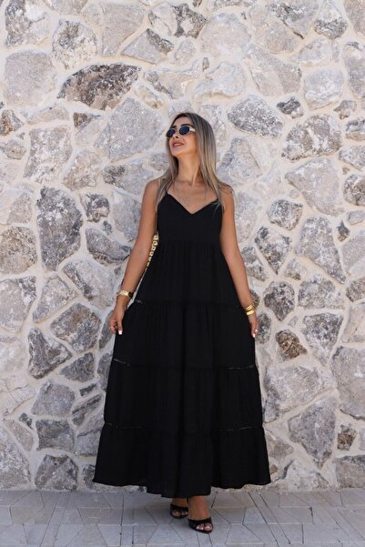 bytugcekaya Siyah İnce Askılı Krinkıl Maxi Elbise