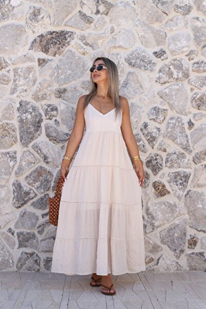 bytugcekaya Ecru Thin Strap Crinkle Maxi Dress
