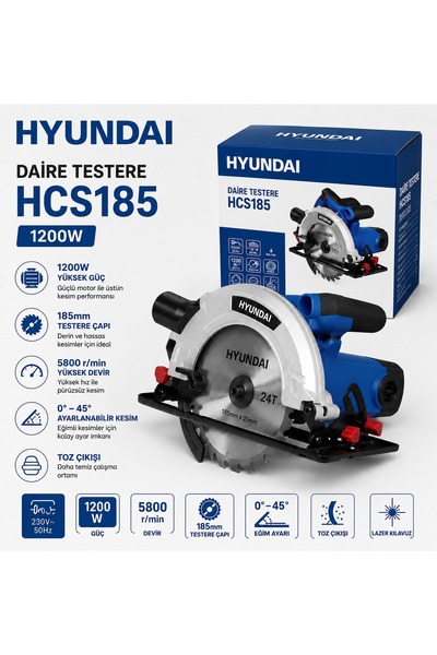 Hyundai HCS185 1200W 185 mm Daire Testere Lazer Kılavuzlu Elektrikli Sunta Ah...