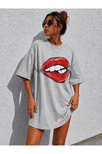 classy moda Women's Lip&Pepper Printed Oversize Crew Neck Tunic T-Shirt